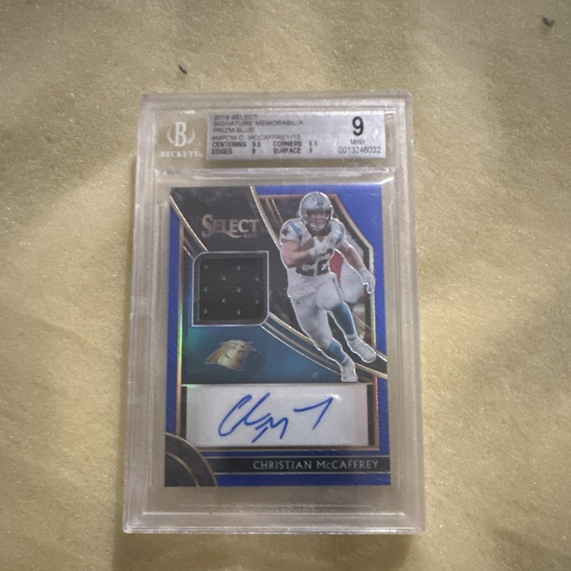 2019 Panini Select Christian McCaffrey Sig Mem Blue Prizm /15 Auto BGS 9