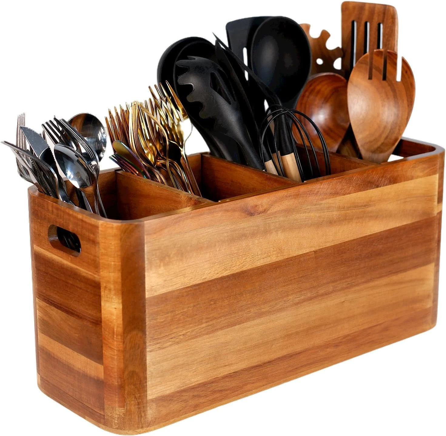 Extra Large Acacia Wooden Utensil Holder with 4 Compartments for Kitchen