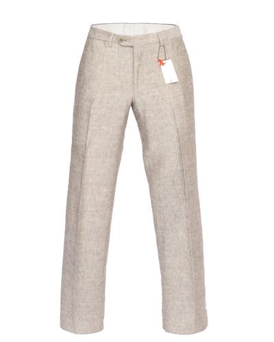 NWT ISAIA Napoli PANTS pure linen brown white trousers luxury Italy 46