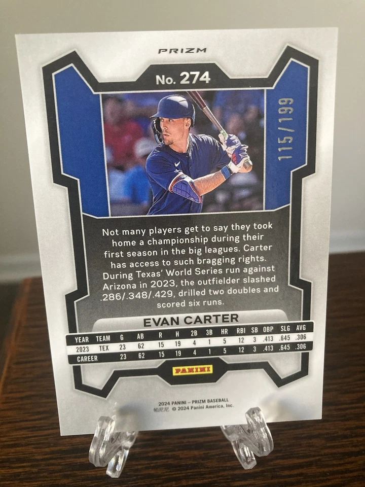 2024 BLUE PRIZM SP #/199 Evan Carter COLOR MATCH Rangers #274 RC ROOKIE RARE - Image 2 of 3