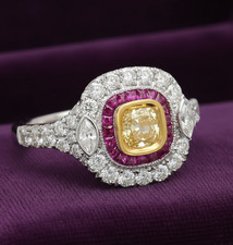 Natural Yellow Diamond Red Ruby Ring Solid 18K Gold Art Deco Ring (#10)
