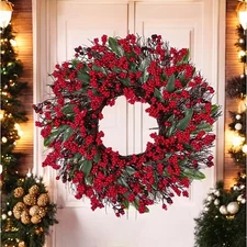 1pc Christmas Red Berry Wreaths 48cm/18.5in Simulation Wreaths with Thick Red B