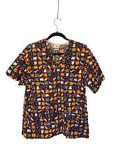 Peaches women  s Halloween nurses scrub top ghost candy Corn S/M