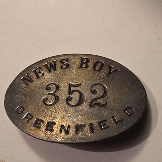 Vintage News Boy 352 Greenfield Oval Metal Pinback Badge "