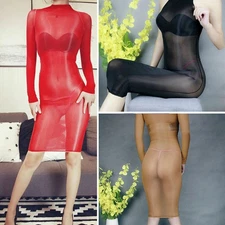 Sexy Oil Glossy Shiny Bodystockings Women Long Sleeve Sheer Shaping Dress Tights
