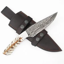 CUSTOM HANDMADE DAMASCUS KNIFE WITH PINE CONE HANDLE PREMIMUM LEATHER SHEATH T14