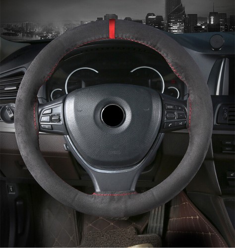 Cubierta de volante de cuero de vaca de gamuza de 15 pulgadas y letrero de regresión puntada en envoltura - Imagen 6 de 20
