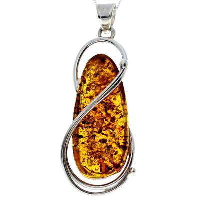 925 Sterling Silver & Genuine Cognac Baltic Amber Exlusive Unique Pendant - PD22
