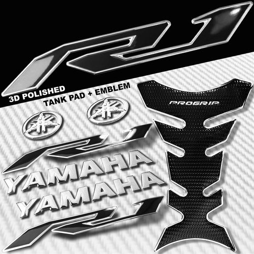 2-TONE CHROME SILVER PRO GRIP FUEL TANK PAD+6" YAMAHA LOGO+YZF-R1 EMBLEM STICKER - Bild 1 von 10