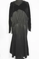 RARE FRENCH ANTIQUE EDWARDIAN-1920'S  BLACK SILK SATIN & VELVET DRESS SIZE 16-18