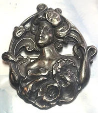 Large Silver Art Nouveau Repousse Antique Lady Portrait Brooch/Pin, 1800s-1900s