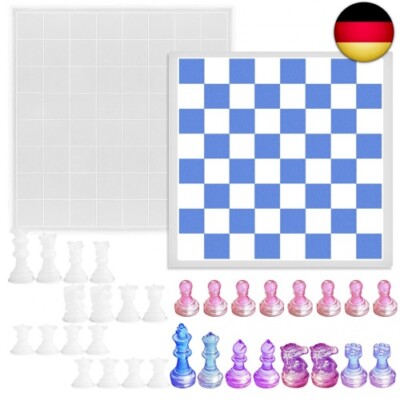 Schachbrett-Harzform-Set, 1 x Schachbrett-Silikonform und 16 x 3D-Schachfiguren,