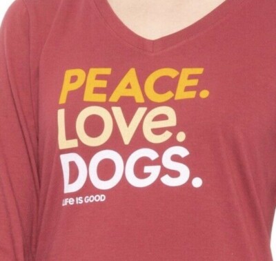 NWT Women's Life is Good Peace Love Dogs Cranberry LS Crusher Vee