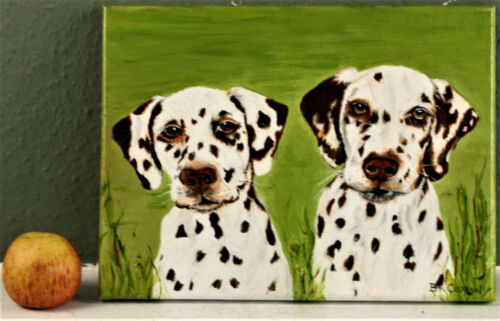 Dipinto originale a olio su tela due cani dalmati firmato BR Curran 9inx12in - Foto 1 di 7