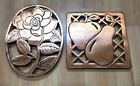Vintage Lot 2 1983 Old Dutch Design Cast Iron Rose Footed Oval Trivet & Fruit