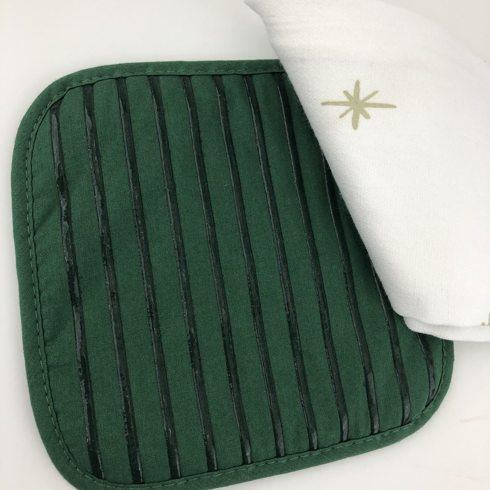 Pot Holder & Dish Towel Set of 2 Cotton Gold Stars with Green Pom Pon