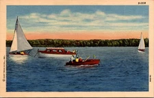 Several Boats on a Lake Linen Postcard