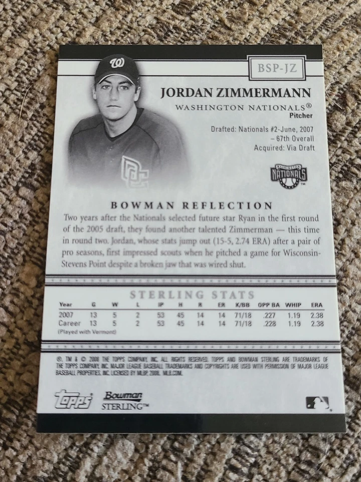 Jordan Zimmermann 2008 Bowman Sterling Prospect Baseball Card BSP-JZ NM/MT - Image 2 of 2