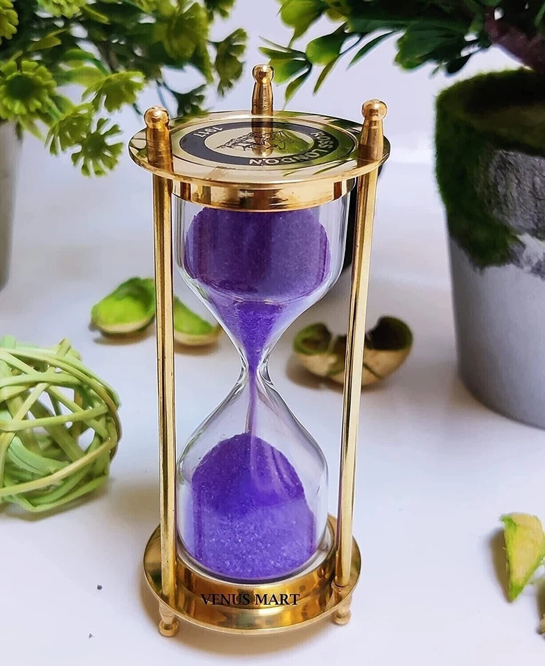 Antiguo reloj temporizador de arena de latón reloj de arena de cristal de arena tema de decoración vintage Foto 3 de 4