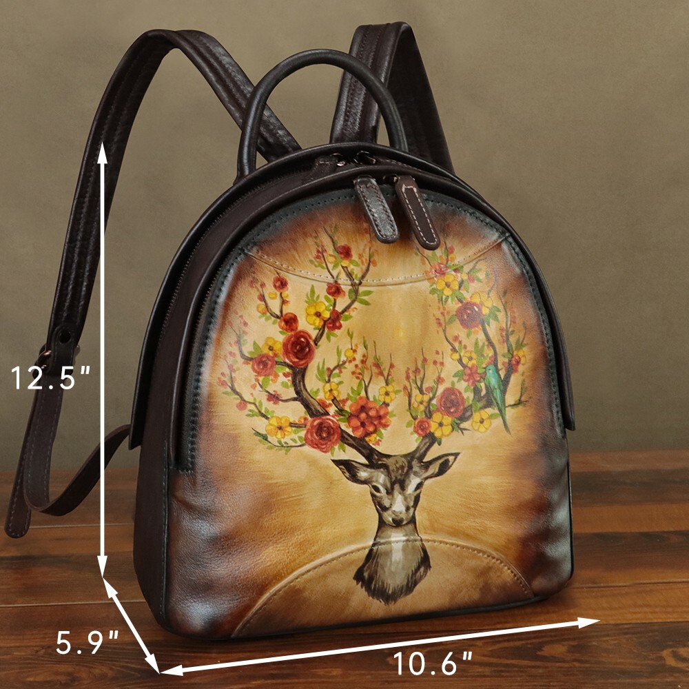 4093 Leather Backpack Hand Painted Knapsack Purse Handmade Rucksack Casual Hand painted Faux Leather Mini Backpack -Flower... | Depop main image 4