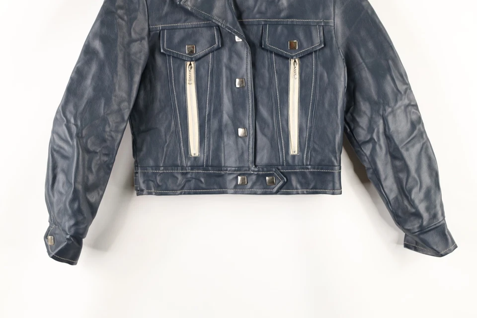 Vintage 70s Streetwear Womens 7/8 Studded Faux Leather Motorcycle Jacket Blue - Image 3 of 4