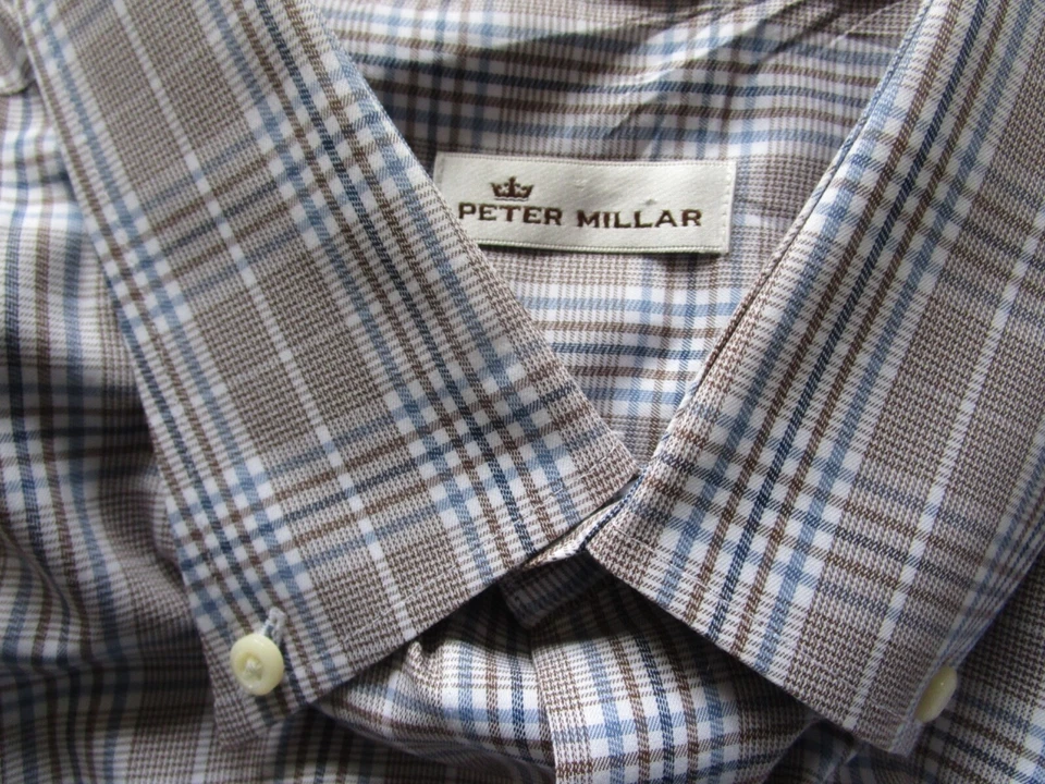 Camisa de vestir Peter Millar para hombre grande azul/marrón a cuadros Foto 3 de 4