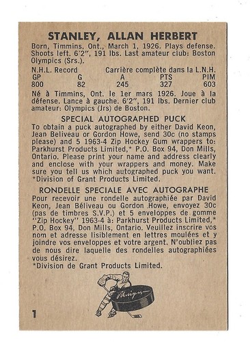 1963/64 Parkhurst Hockey - Allan Stanley #1 - NM/M Condition - Picture 2 of 2