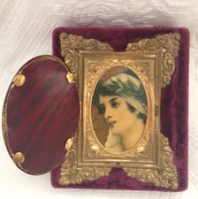 Antique Manicure Set French Palais Velvet Oval Mirror and Portrait Gold Frame
