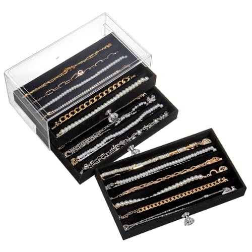 Velvet Necklace Organizer Box with 3 Drawers in Black-image