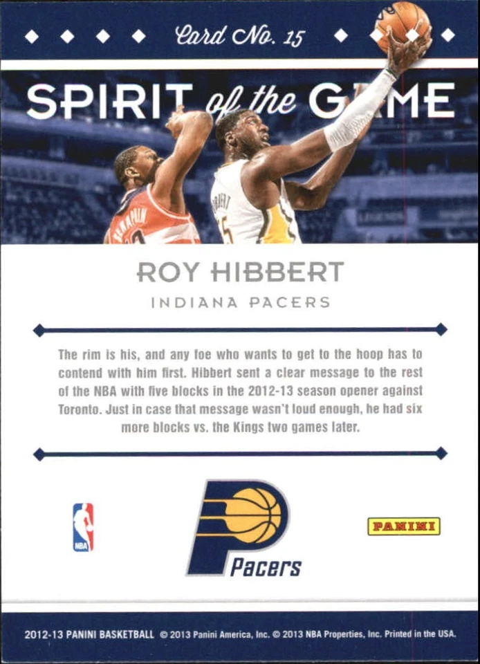 2012-13 Panini Spirit of the Game #15 Roy Hibbert - BSK - Image 2 of 2