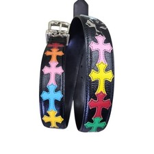 Chrome Hearts 925 Multi Color Cross Patch Black Leather Belt Size 36 Roller