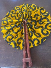 Handmade West African Ankara fabric folding fan with leather handle