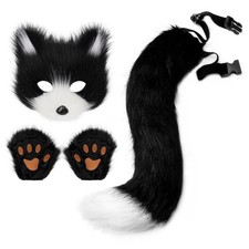 Simulation Plush Fox Costume Cosplay Set, Fox Mask Gloves and Tail, Photo Props