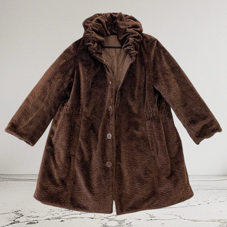 Abrigo acolchado reversible de piel sintética Dennis Basso para mujer talla 2X marrón felpa acogedor Foto 2 de 4