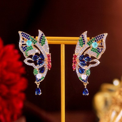 Gold Plated CZ Multicolor Blue Big Butterfly Dangle Drop Earrings Bridal Jewelry