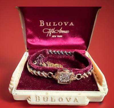 VTG 1940s Bulova Ladies Watch Ruby Diamond Dial Rose Gold Deco W/ 5th Ave Box