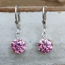 2Ct Round Cut Pink Sapphire Drop Dangle Wedding Earrings 14K White Gold Finish