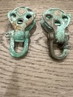 Pair Small Cast Marine Pulley Blocks with Swivel Hooks Authentic Green Verdigris — photo 1