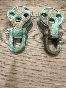Pair Small Cast Marine Pulley Blocks with Swivel Hooks Authentic Green Verdigris