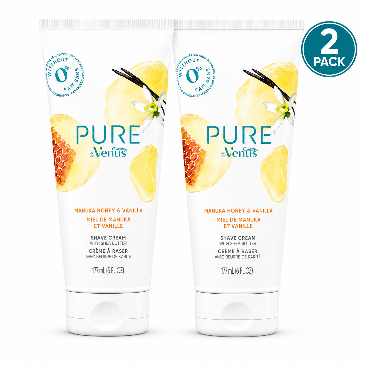 2 PACK--Pure by Gillette Venus Shaving Cream Manuka Honey and Vanilla, 6 oz