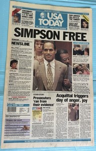 OJ Simpson Free Verdict Double Murder October 4th 1995 USA Today Newspaper