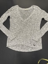 Hollister Sweater Womens M Gray/White Crochet Summer Beach Coastal Cottagecore