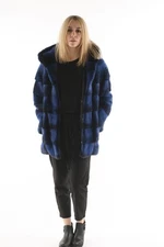 Blue Black Mink Fur Coat Hooded