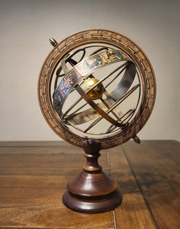 Metal Globe With Wood Base & Zodiac Astrology Signs, Italy Vintage
