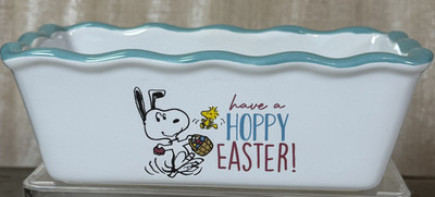 Peanuts Snoopy Mini White Ceramic Bread Loaf Pan 'Have A Hoppy Easter' NEW