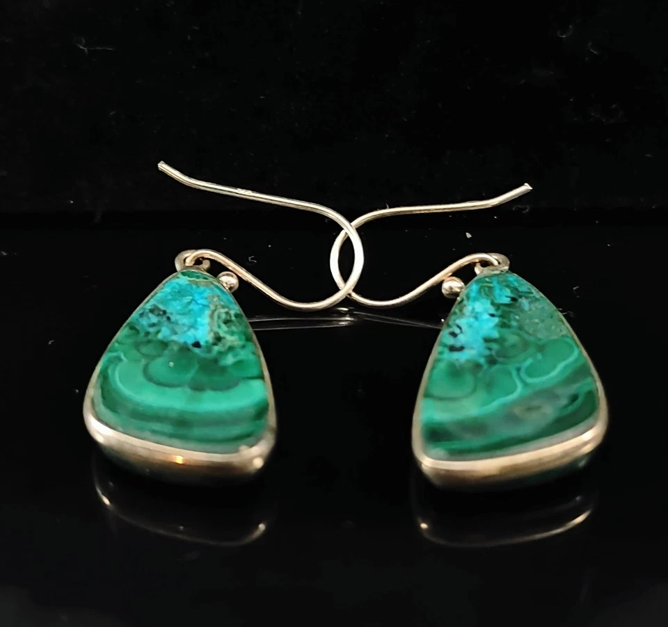 925 Sterling Silver Natural Malachite Gemstone Dangling Earrings Stamped 925 - Image 4 of 4