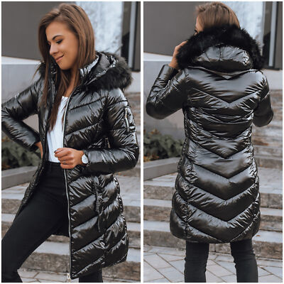 Damen Steppjacke mit Fellkapuze für Winter Halblang Winterjacke