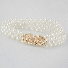 Women Elastic Waistband Skinny Stretch Pearl Corset Strap Cinch Dress Belt Decor