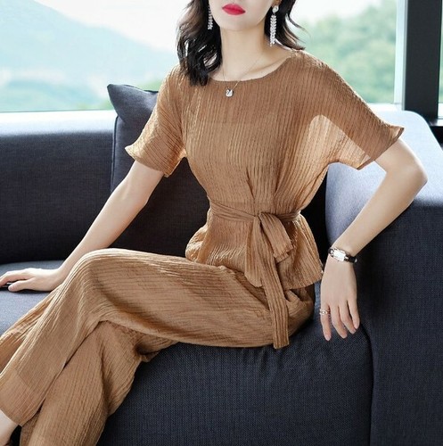 Tailleur donna completo elegante caramello beige maglia camicia pantaloni  4878 | eBay