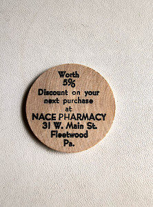 FLEETWOOD Pennsylvania NACE PHARMACY 1960s/70s  Wooden Nickel